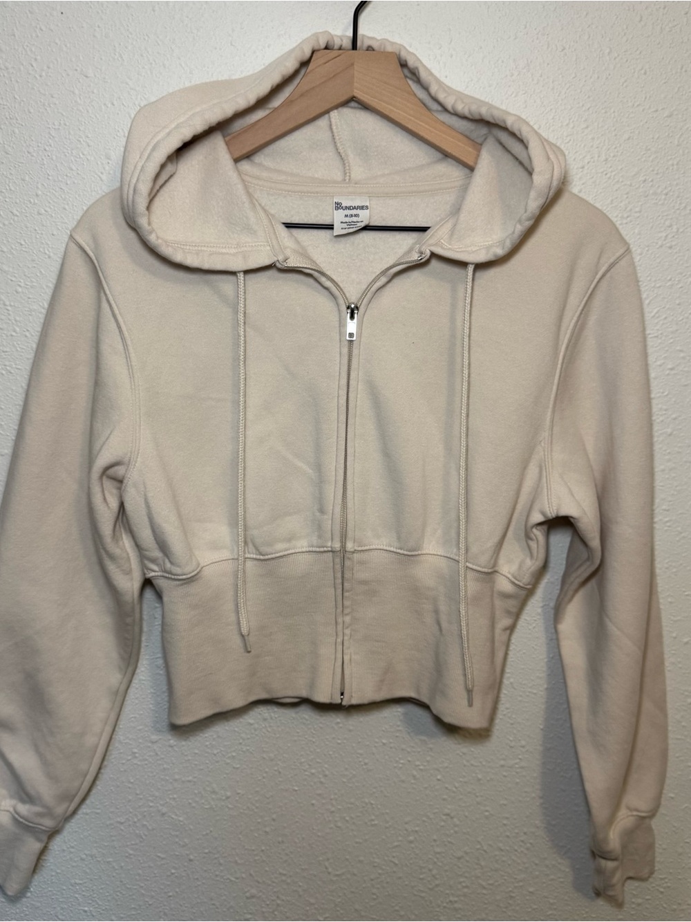 Cream Zip-Up Cropped Hooded Sweatshirt Medium